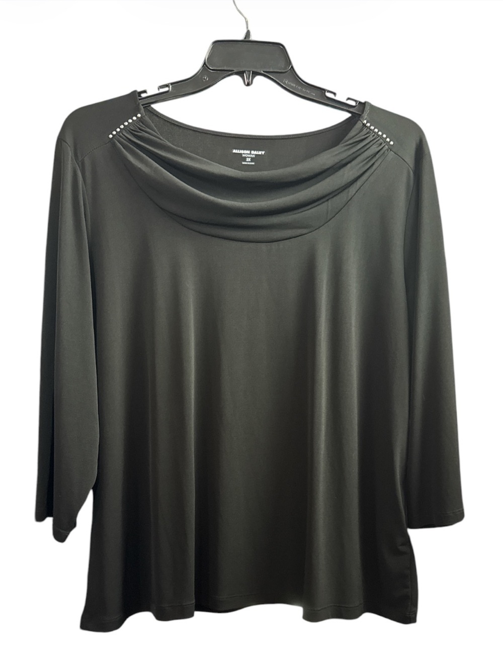 Allison Daley Black Rhinestone Embellished Cowl Neck Stretchy Top Sz 2X